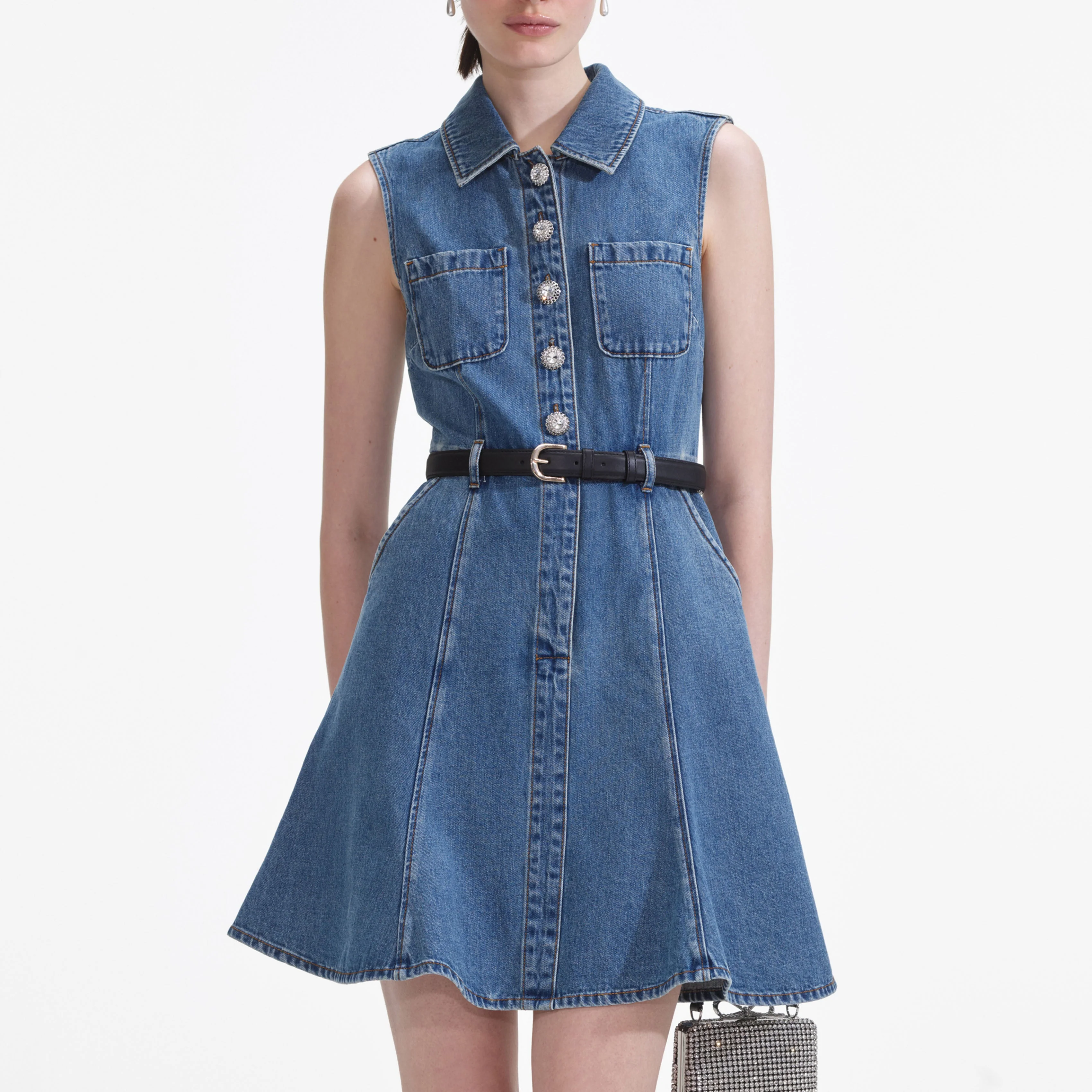 Denim Sleeveless Pearl Mini Dress - Image 4