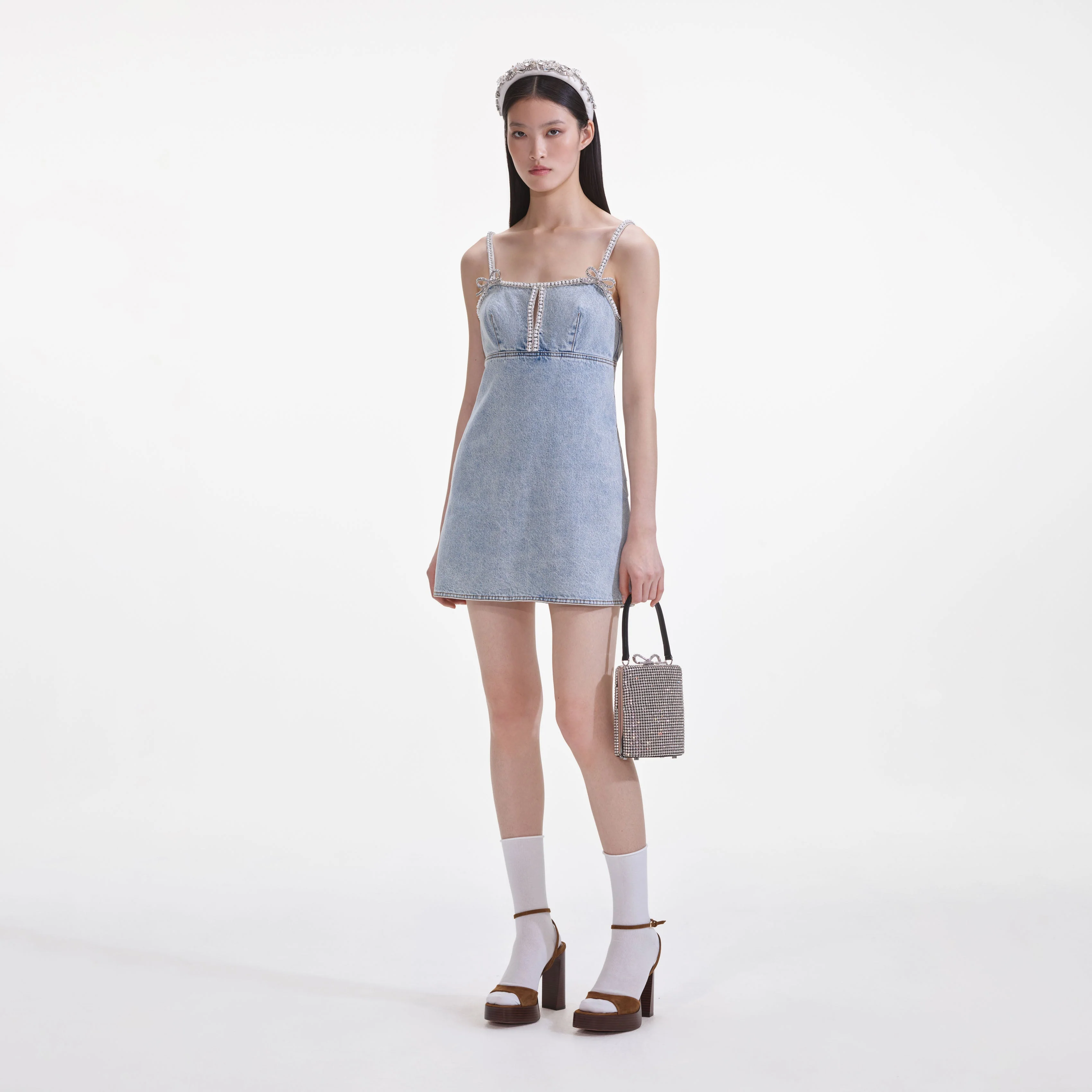 Light Blue Denim Pearl Mini Dress - Image 2