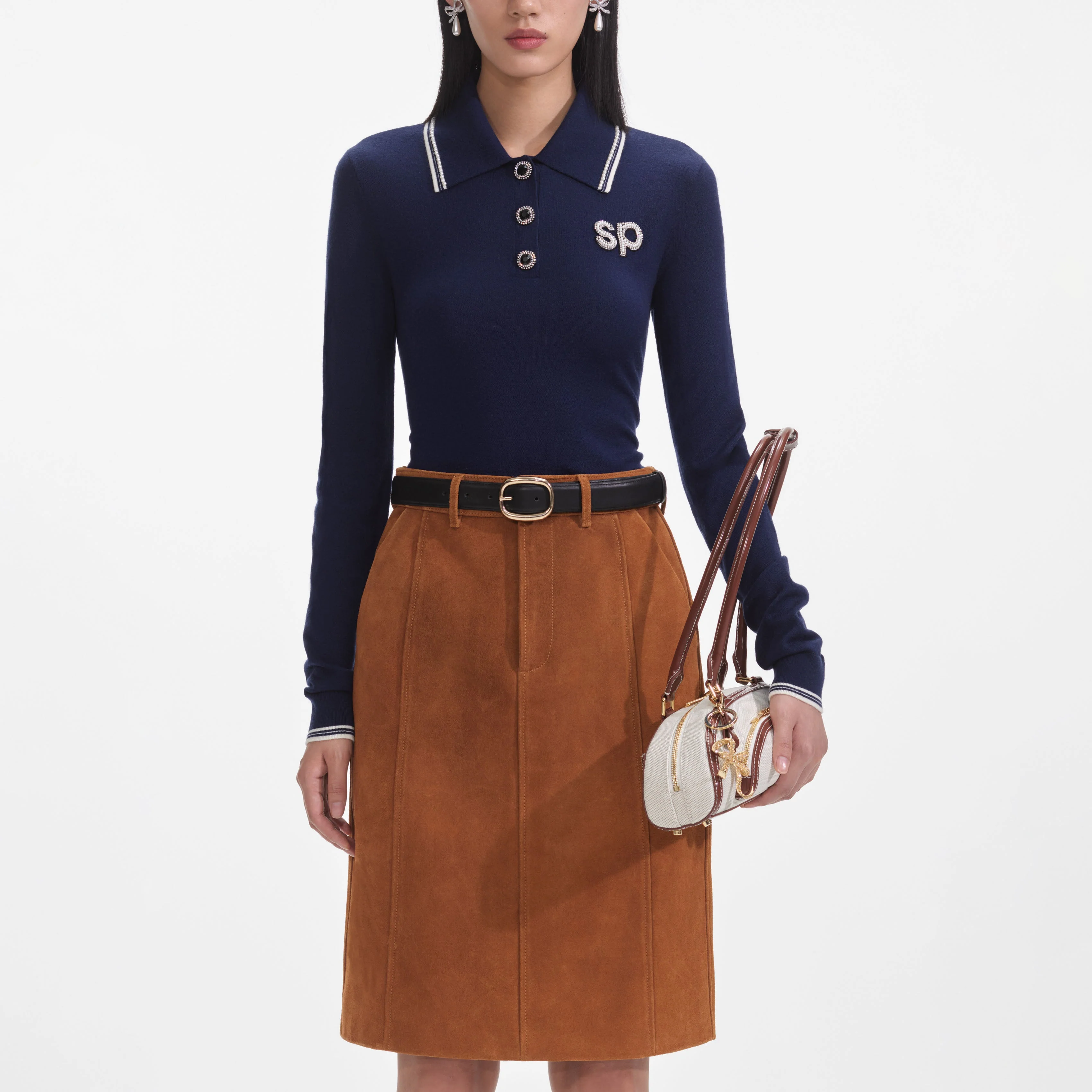 Navy Knit Long Sleeve SP Polo Top - Image 4