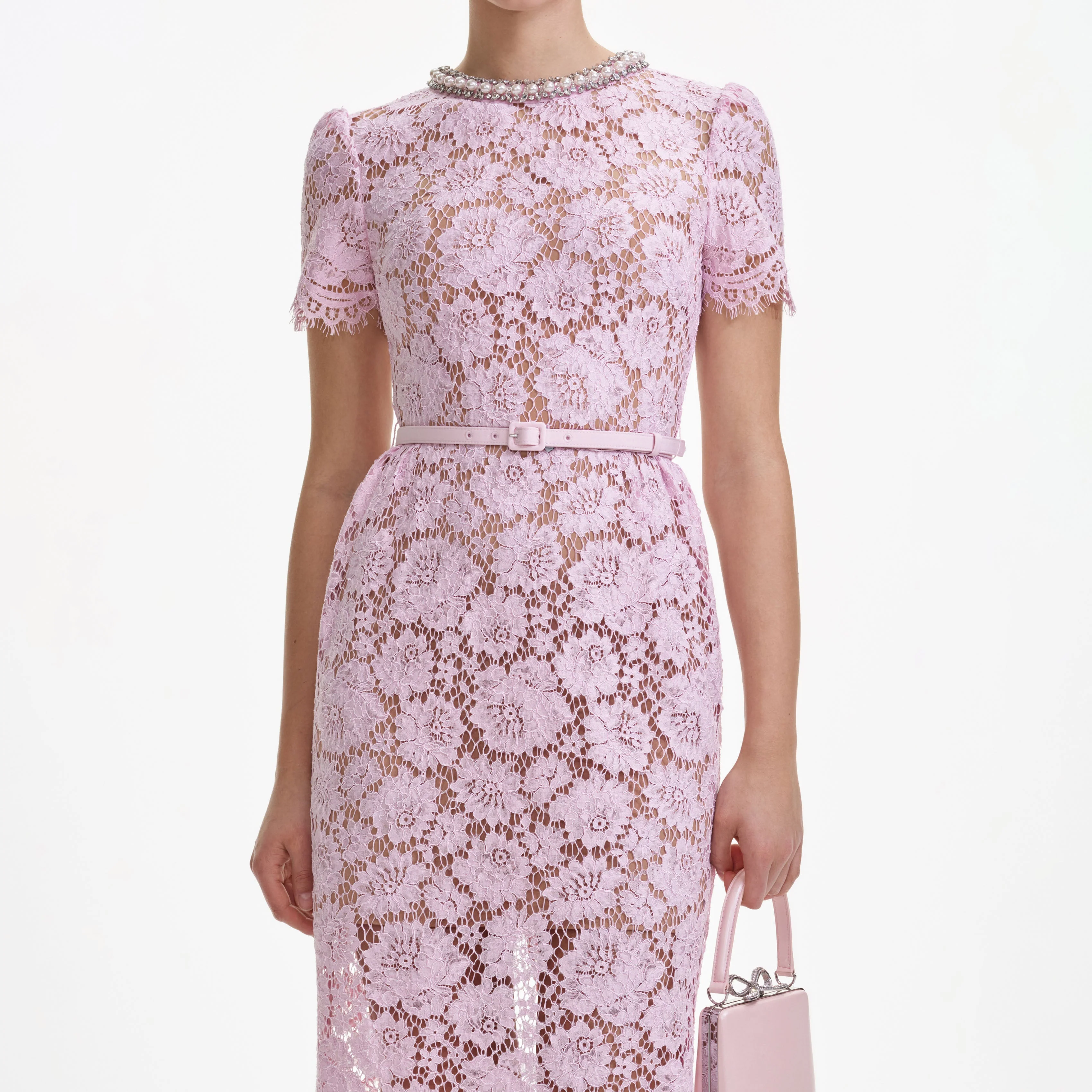 Pink Fine Lace Pearl Midi Dress - Image 4