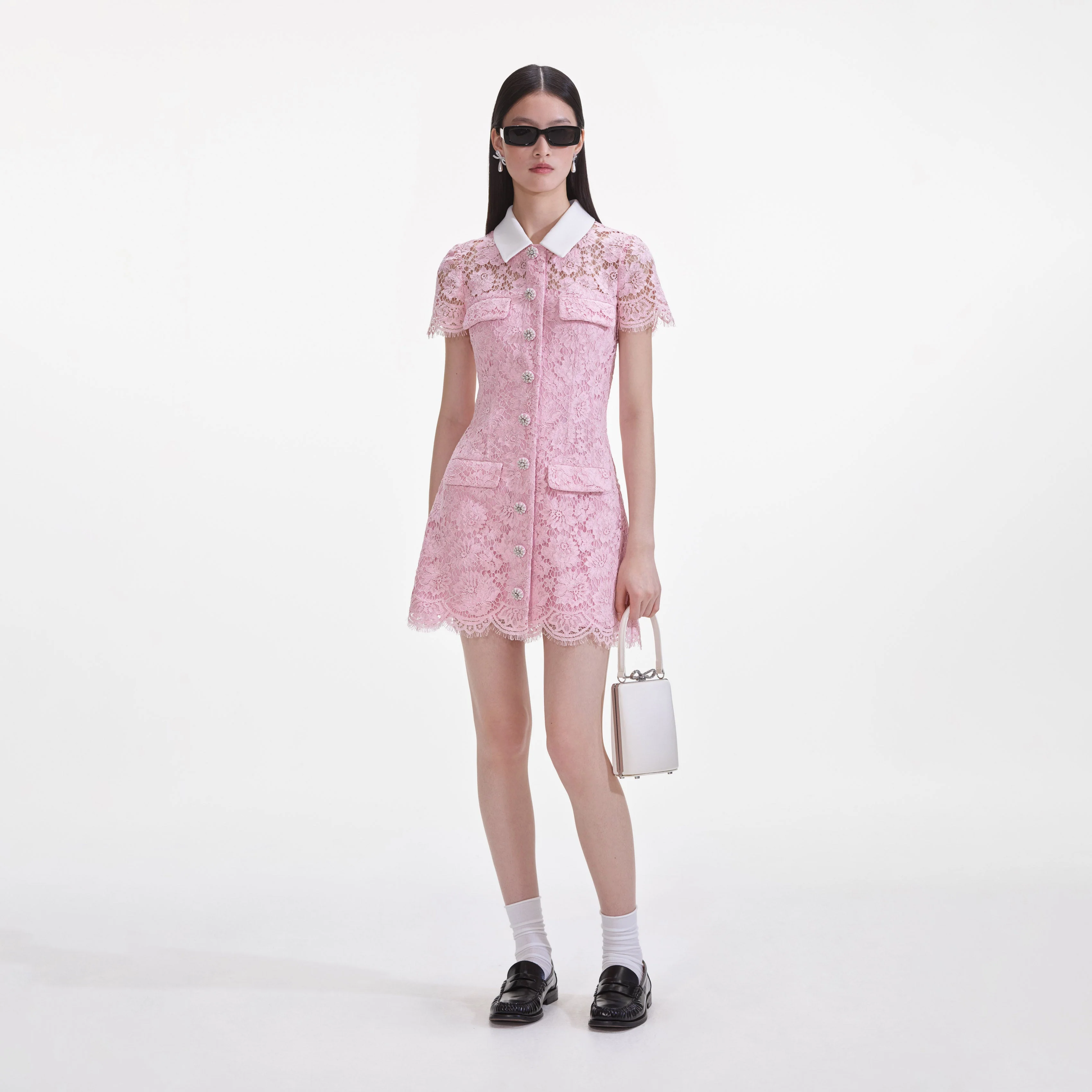 Pink Lace Contrast Collared Mini Dress
