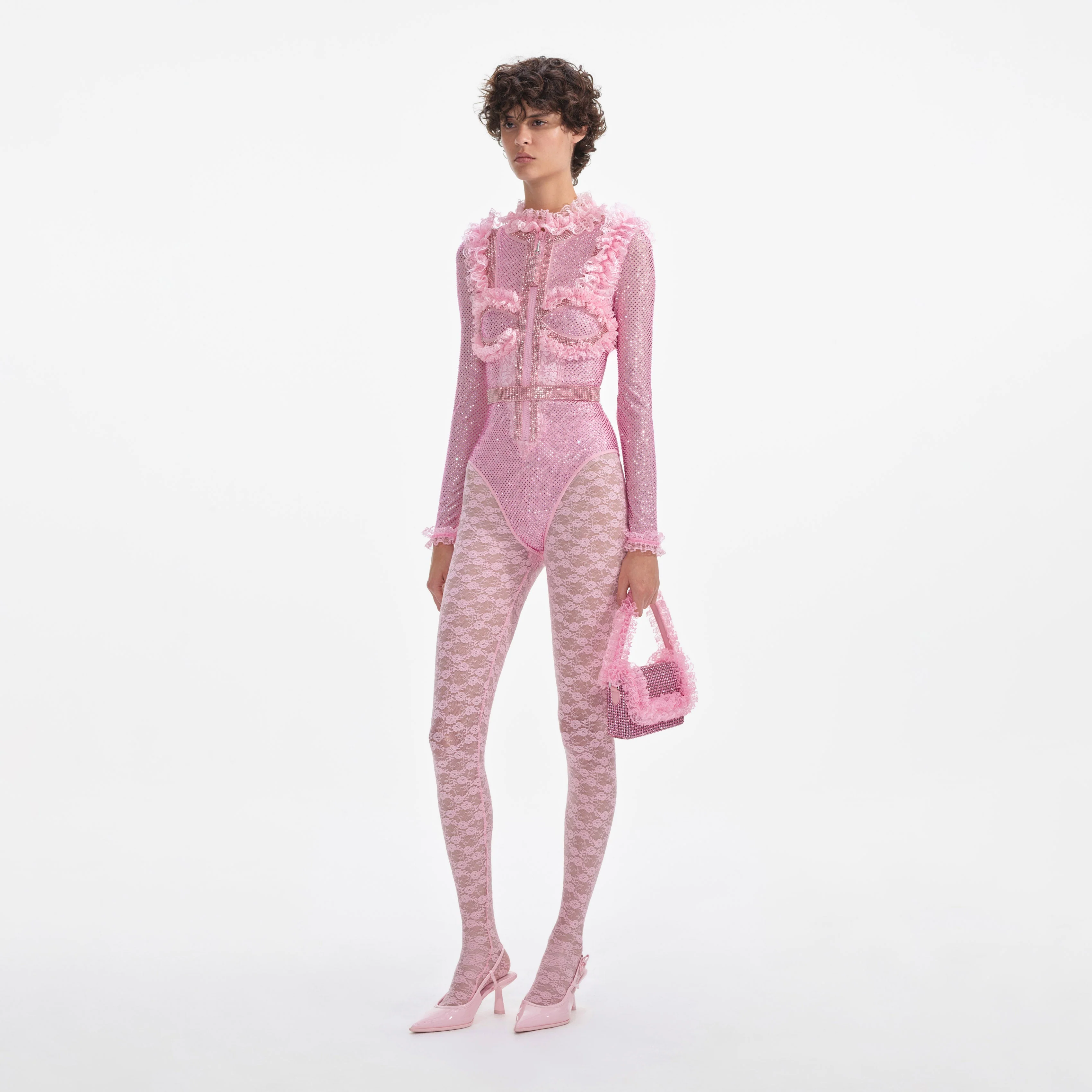 Pink Rhinestone Mesh Ruffle Bodysuit - Image 2