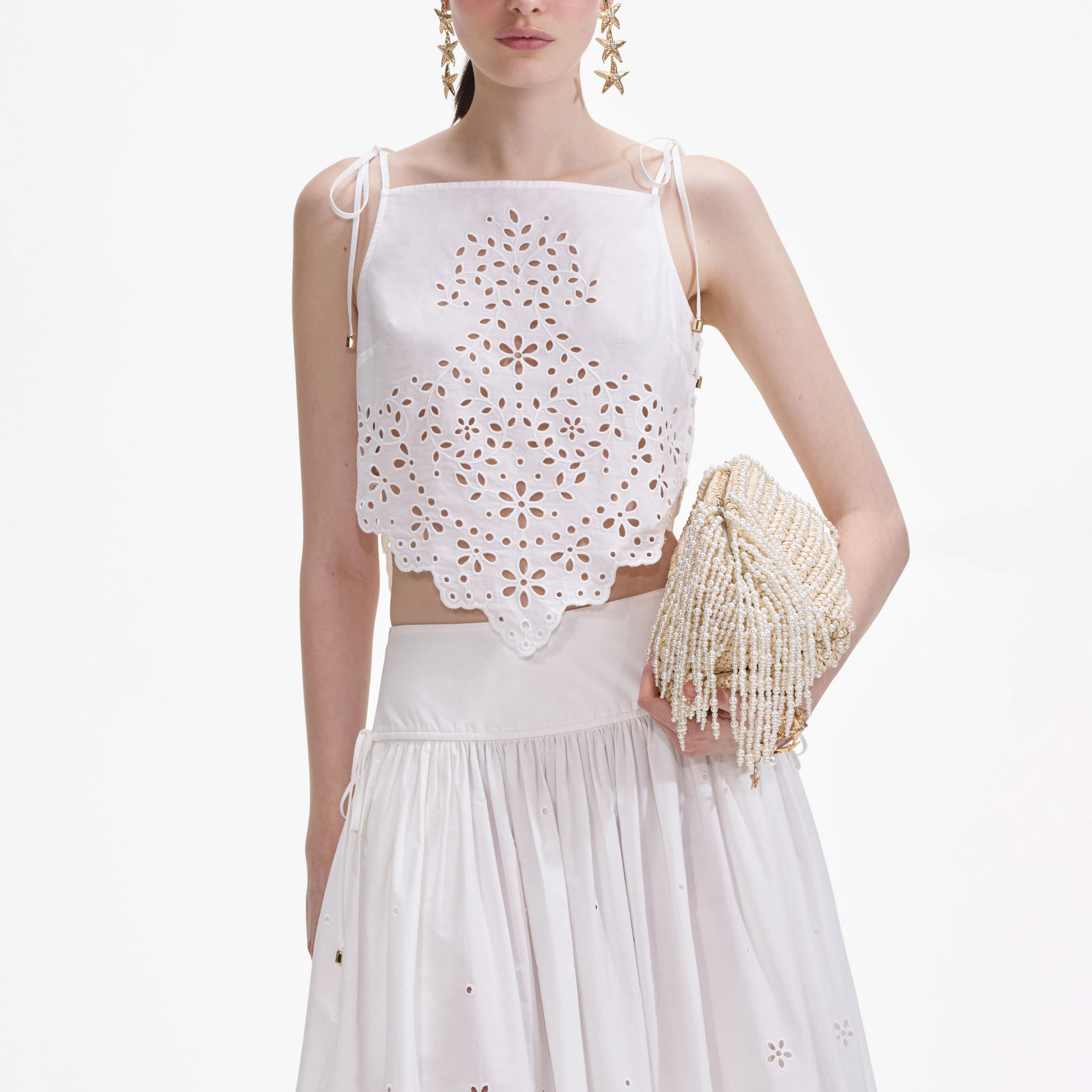 White Cotton Embroidered Midi Skirt - Image 4