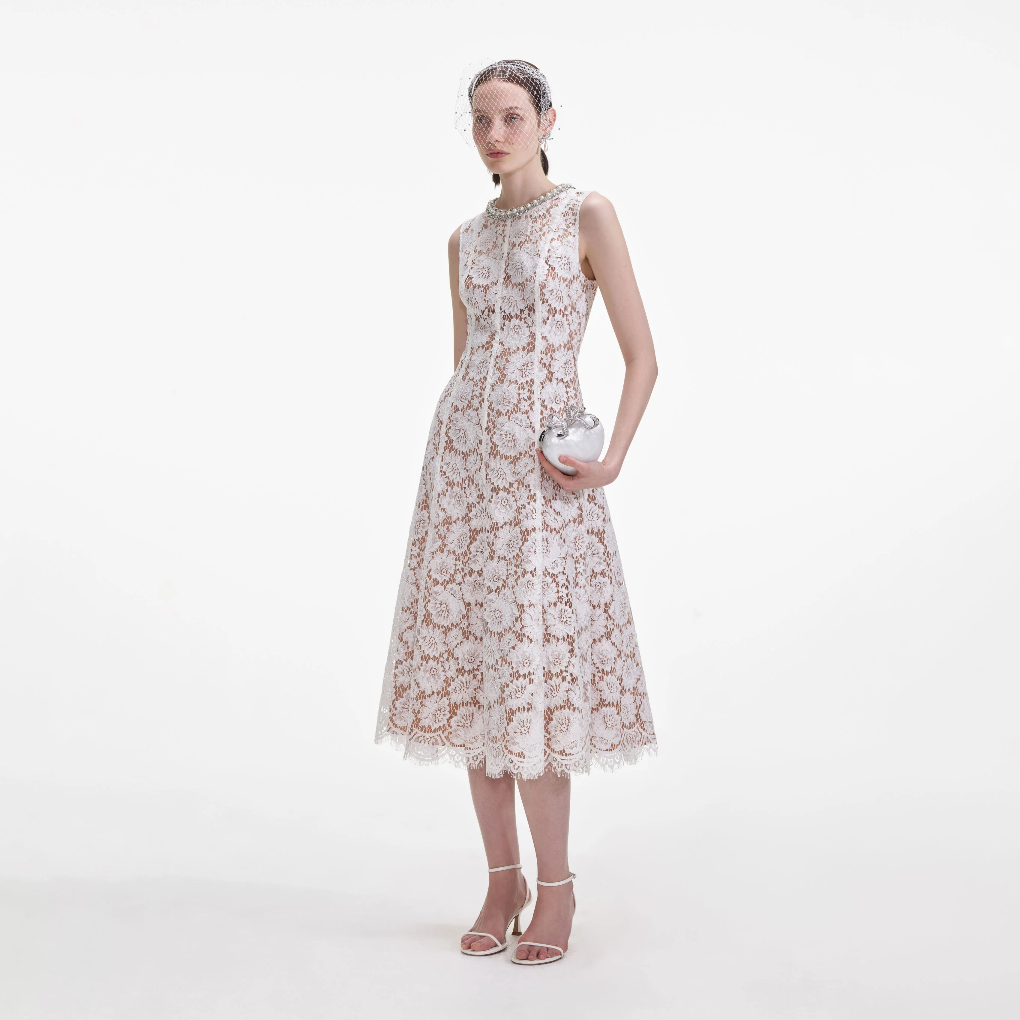 White Fine Lace Pearl Midi Dress - Image 2