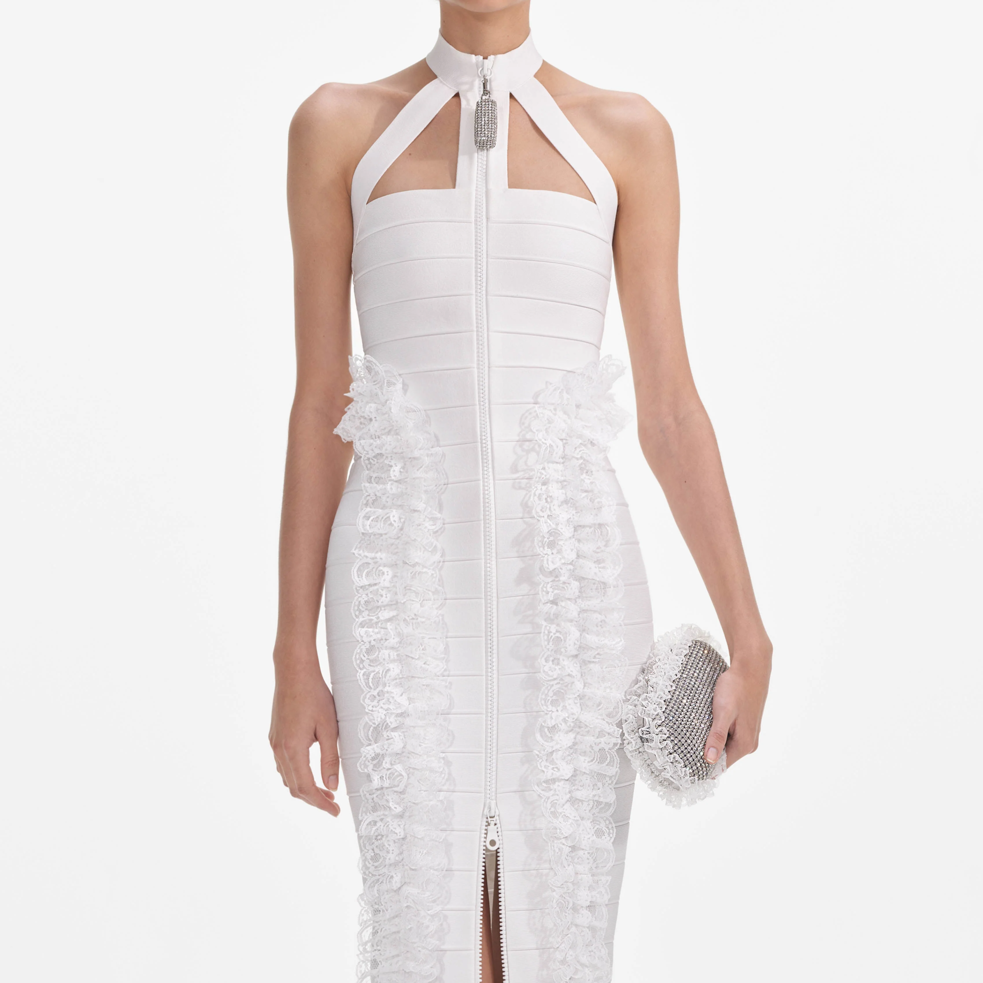 White Knit Zip Ruffle Maxi Dress - Image 4