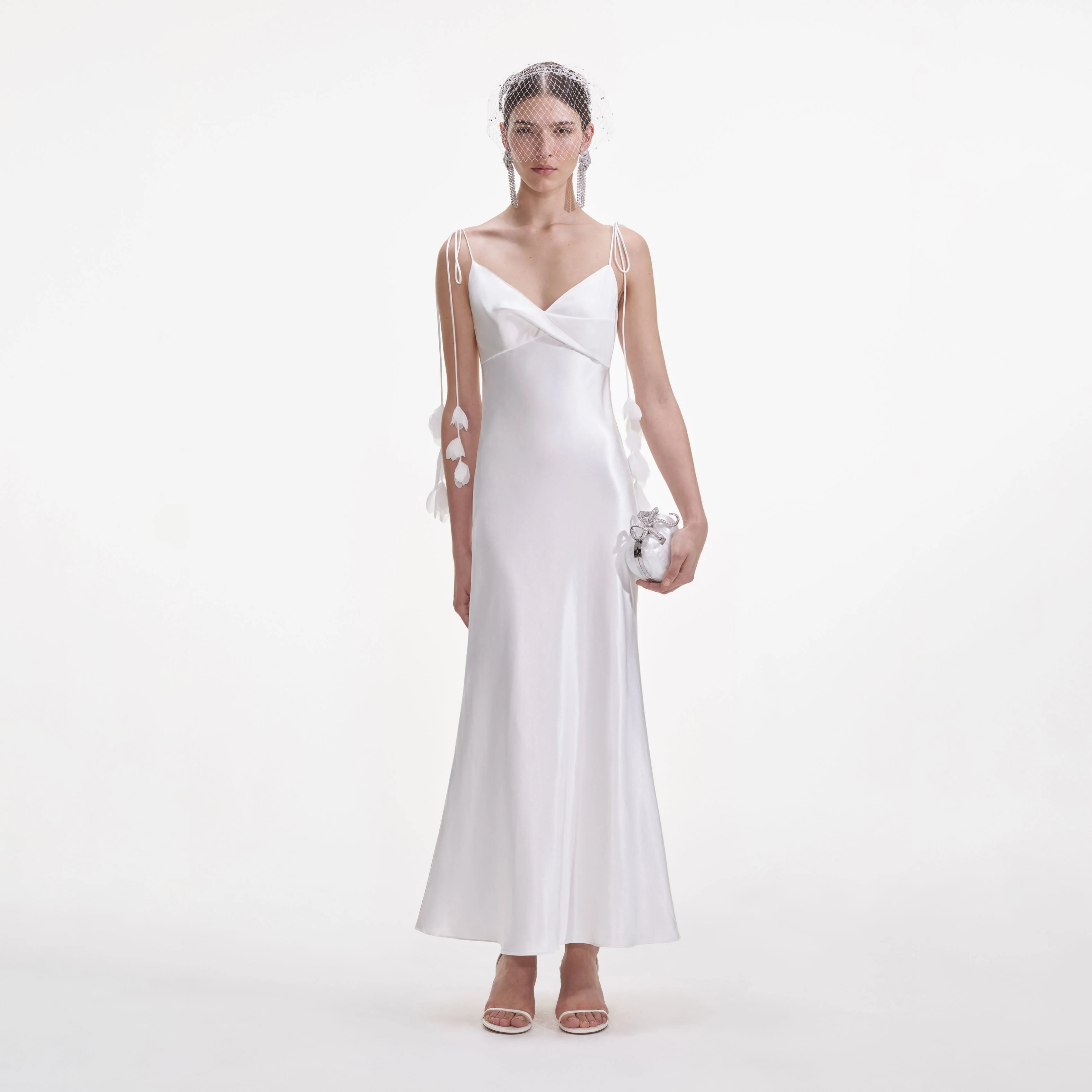 White Satin Flower Midi Dress
