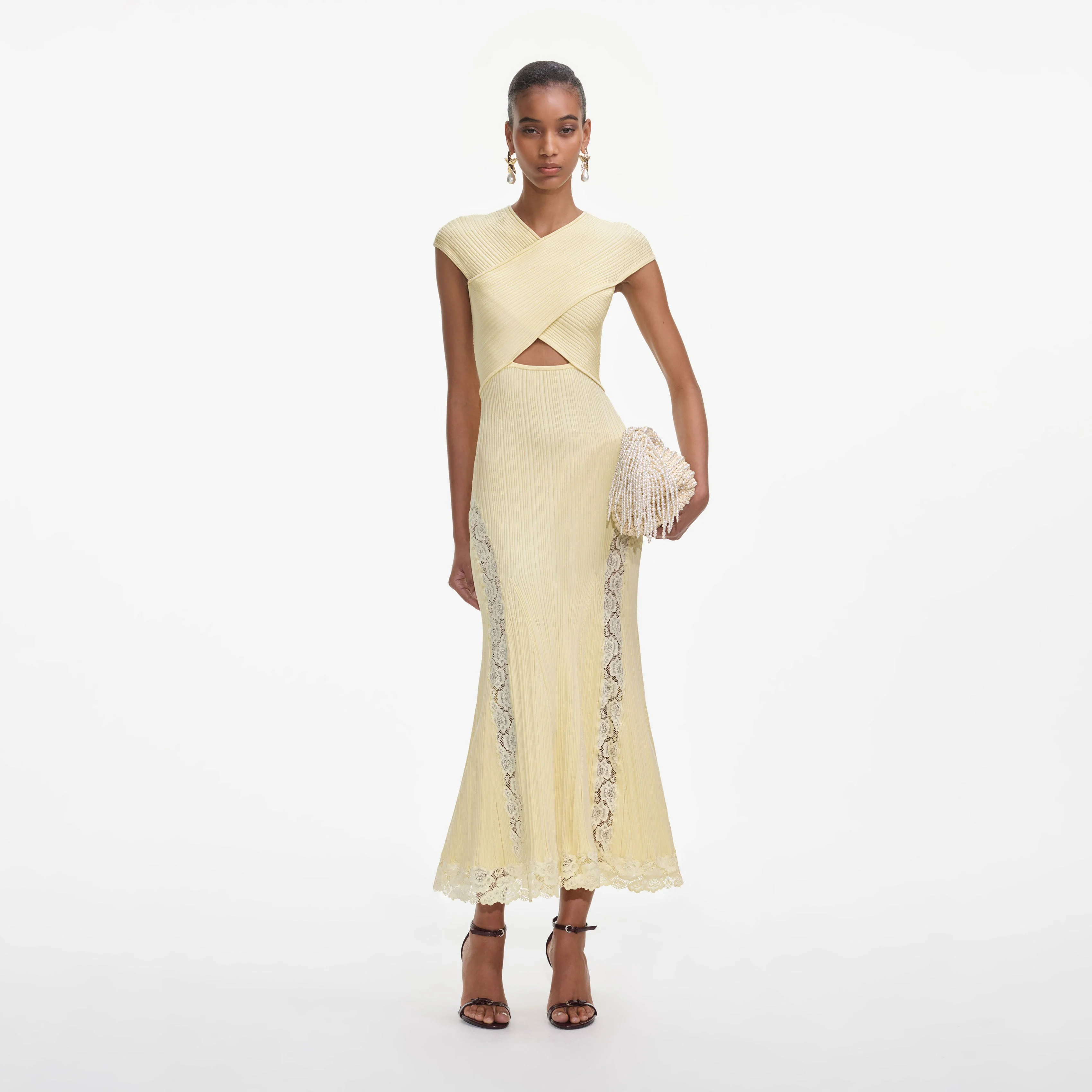 Yellow Knit Lace Insert Midi Dress