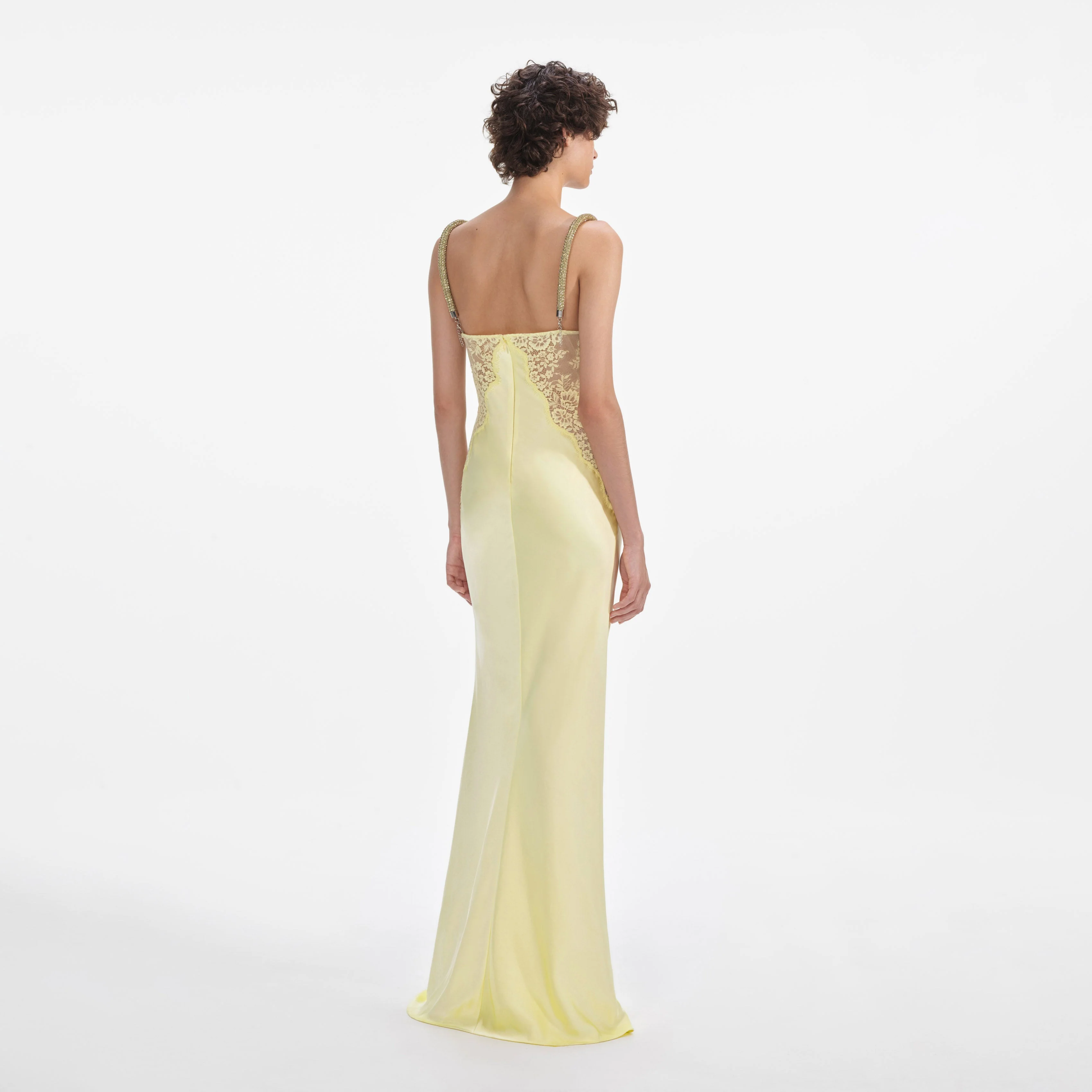 Yellow Lace Satin Maxi Dress - Image 3