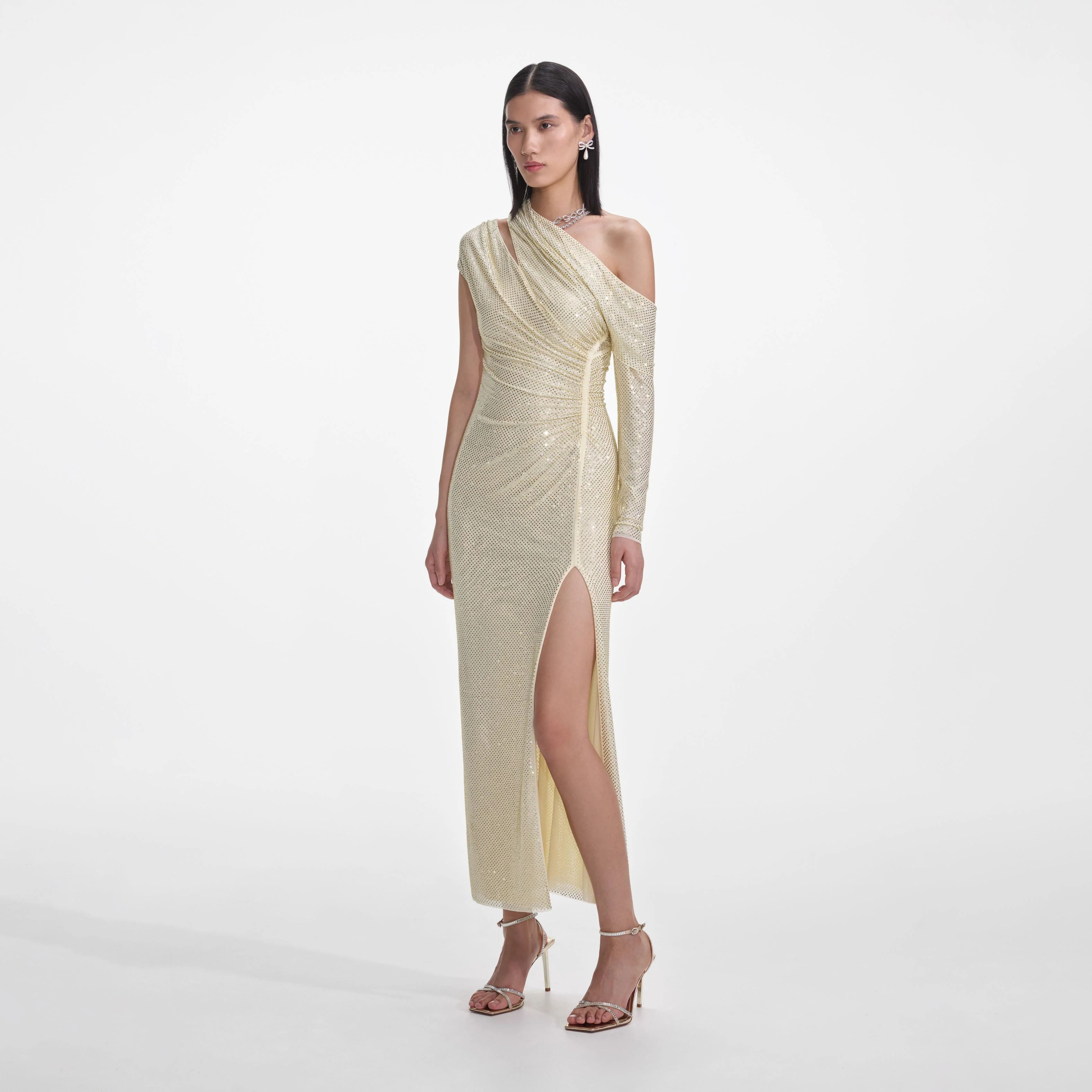 Yellow Rhinestone Gathered Midi Dress - Image 2