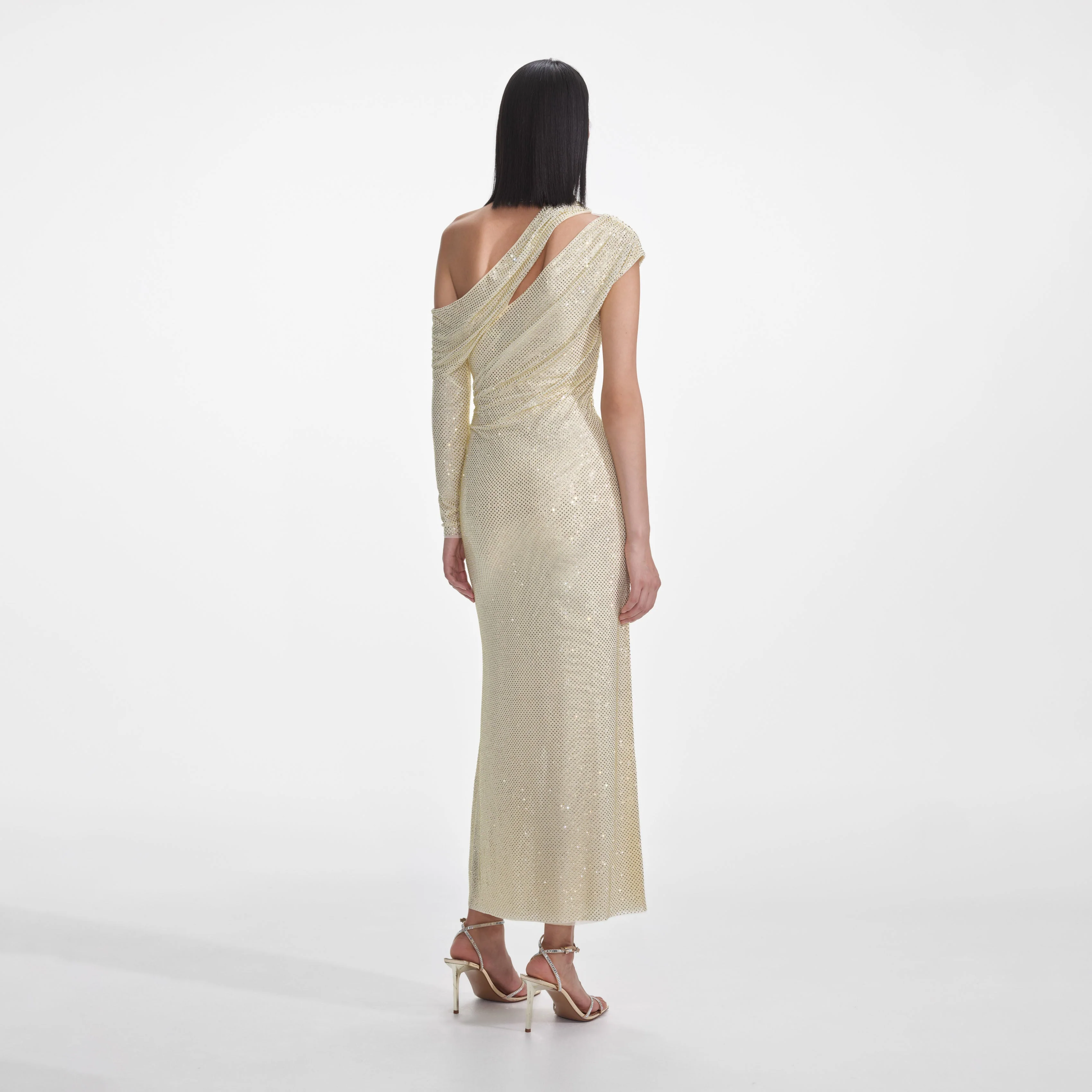Yellow Rhinestone Gathered Midi Dress - Image 3