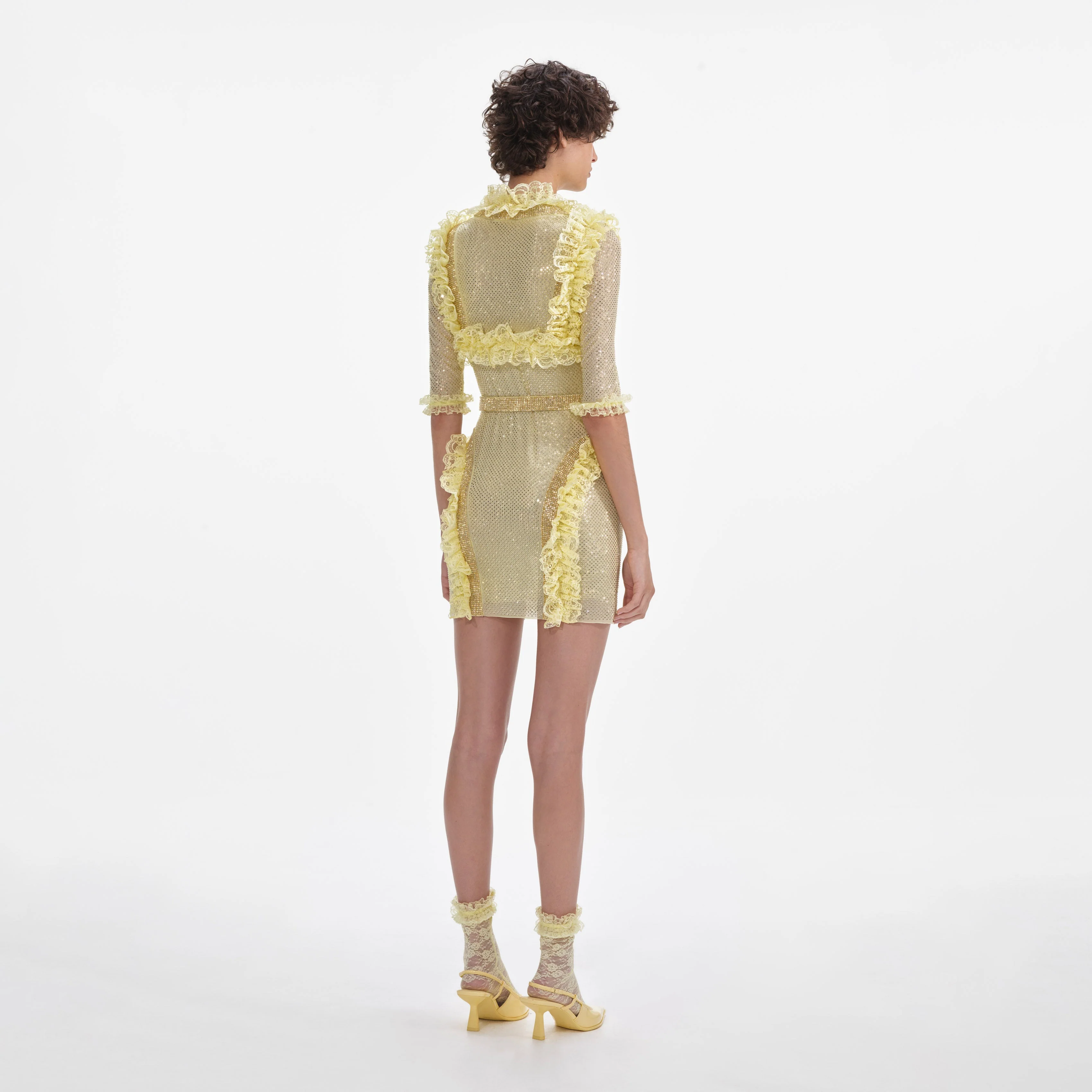 Yellow Rhinestone Mesh Ruffle Mini Dress - Image 3