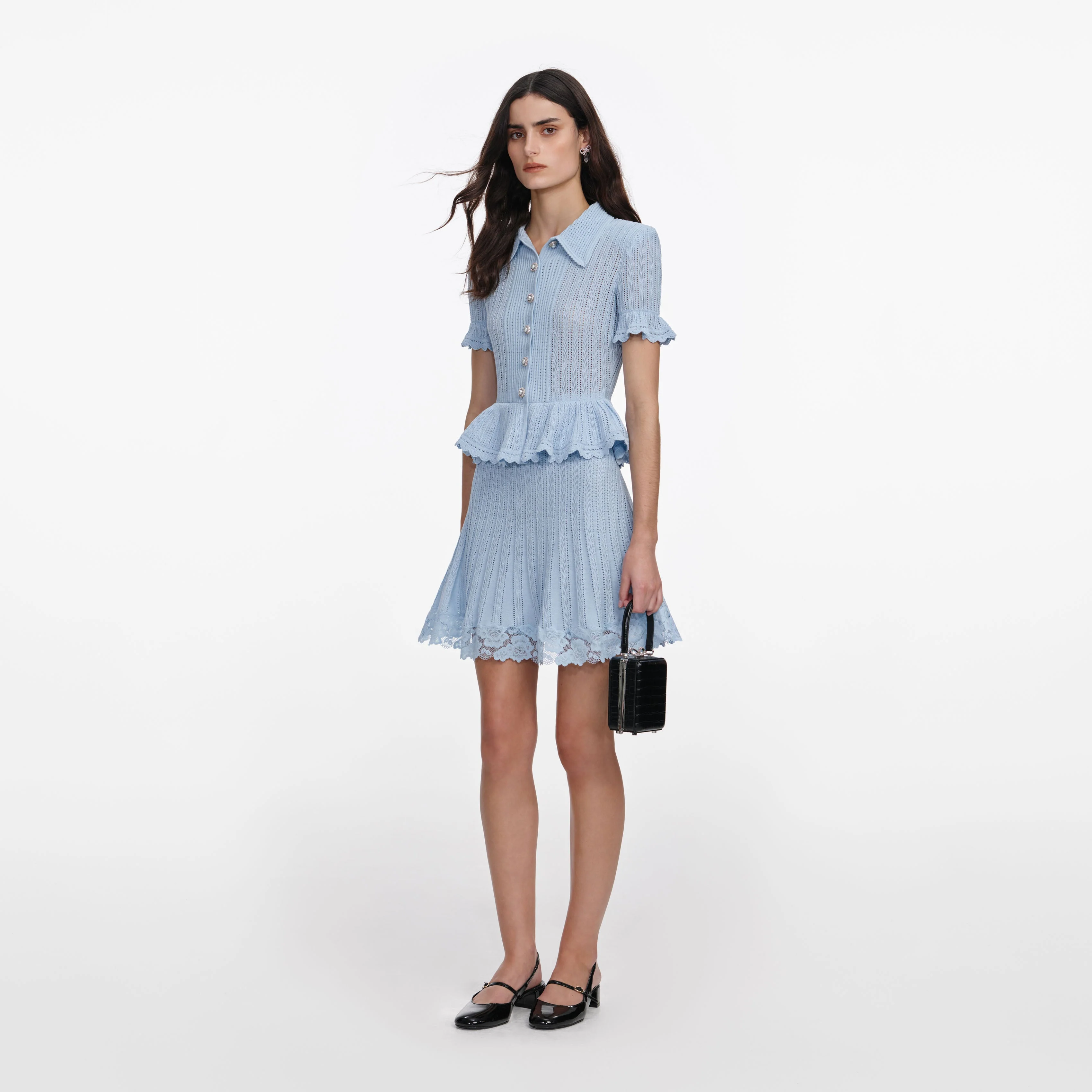 Blue Pointelle Peplum Knit Mini Dress - Image 2