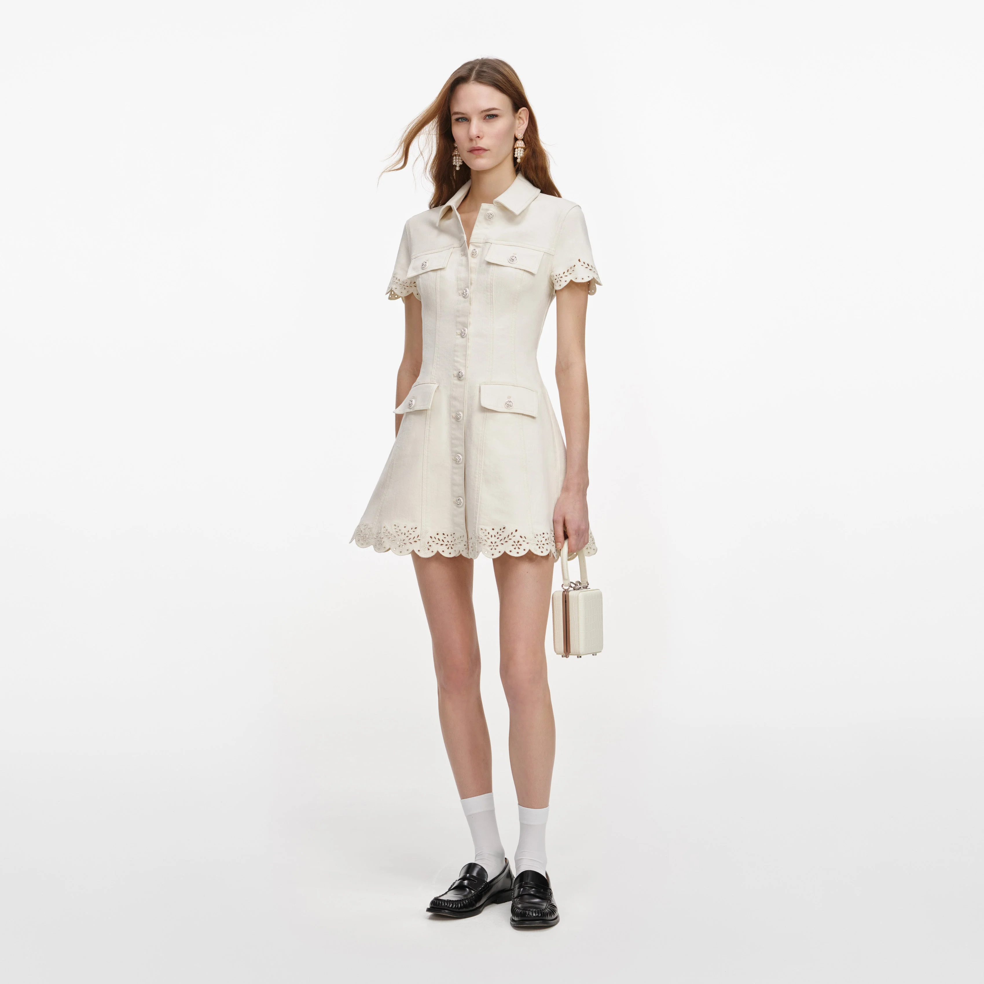 Cream Broderie Collared Denim Mini Dress - Image 2