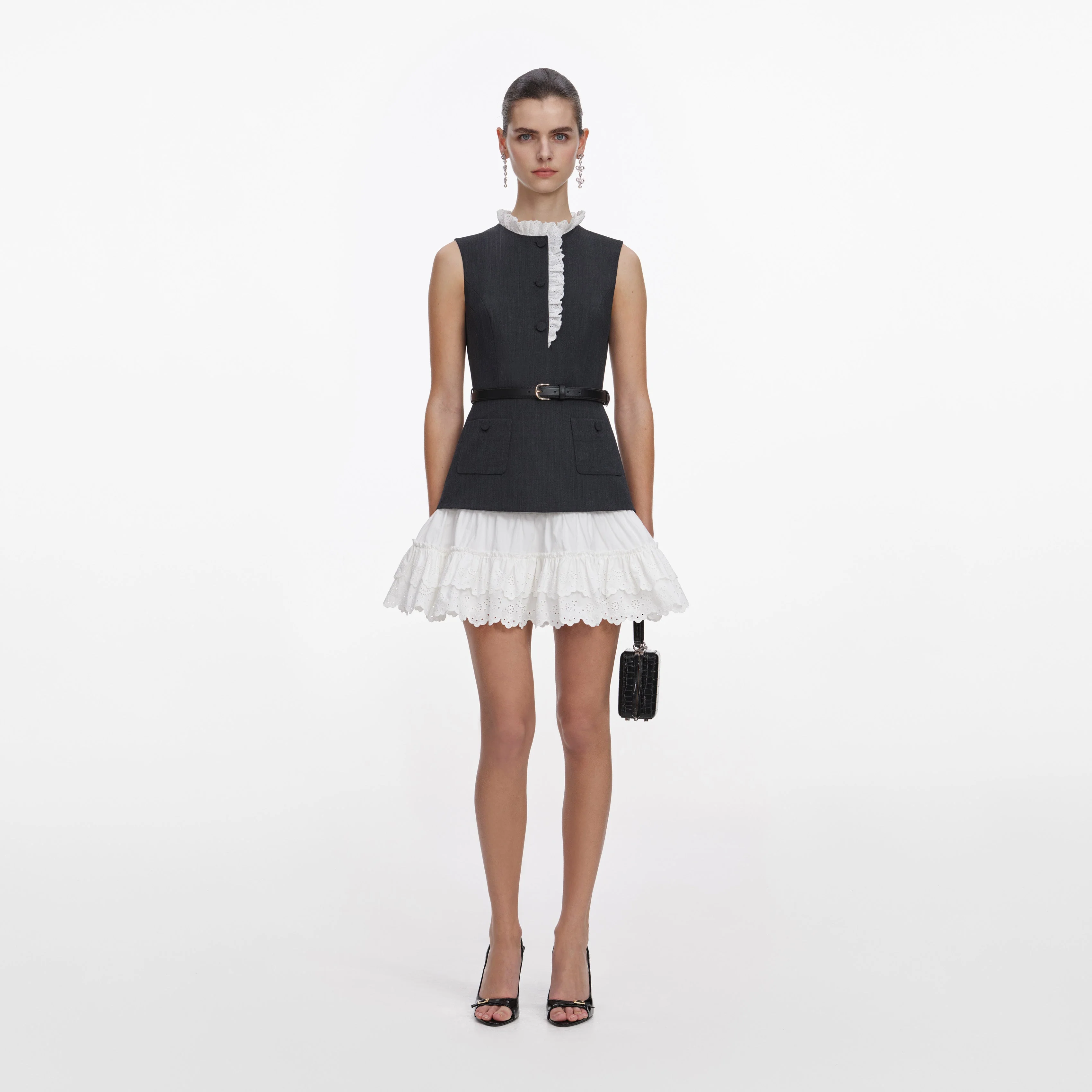 Grey Tailored Cotton Frill Mini Dress