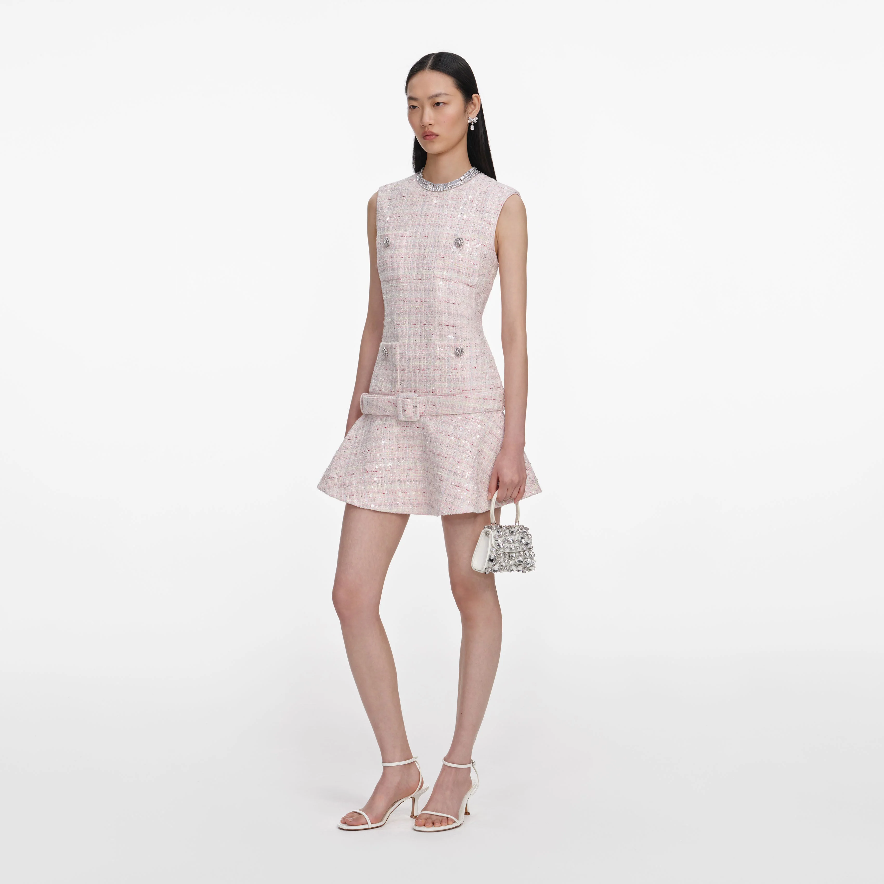 Pink Sequin Boucle Belted Mini Dress - Image 2
