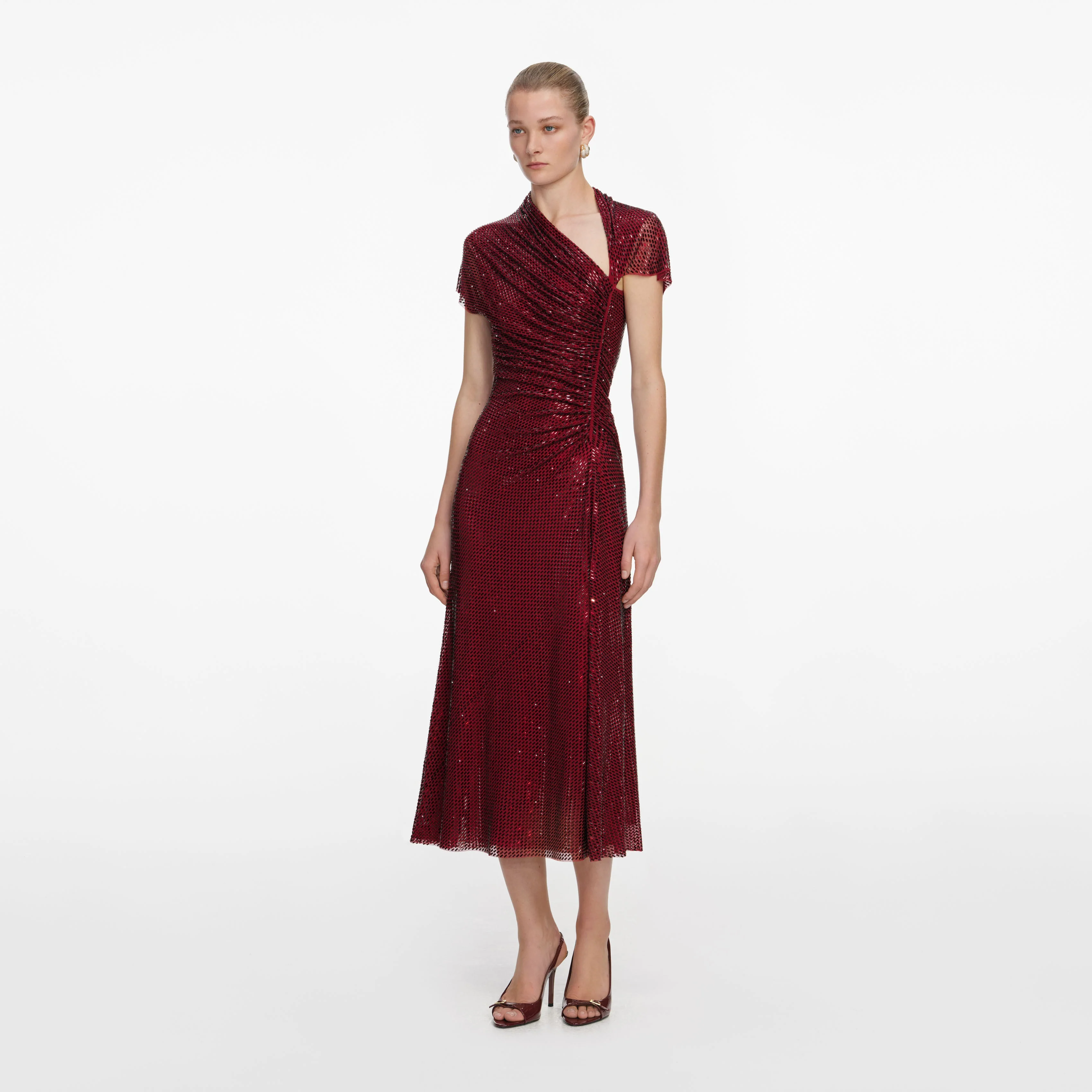 Red Rhinestone Drape Midi Dress - Image 2