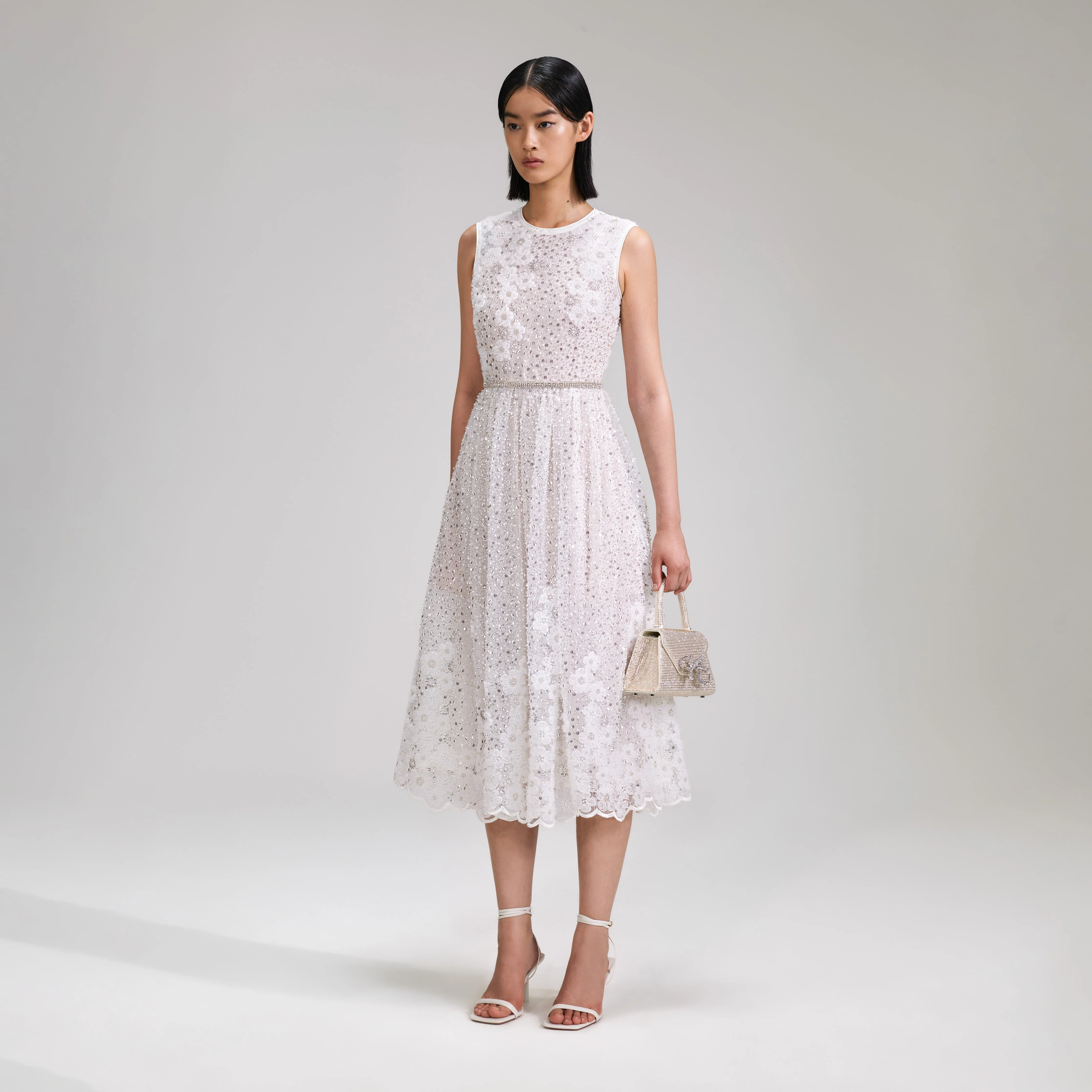 White Beaded Sequin Midi Dress - Image 2