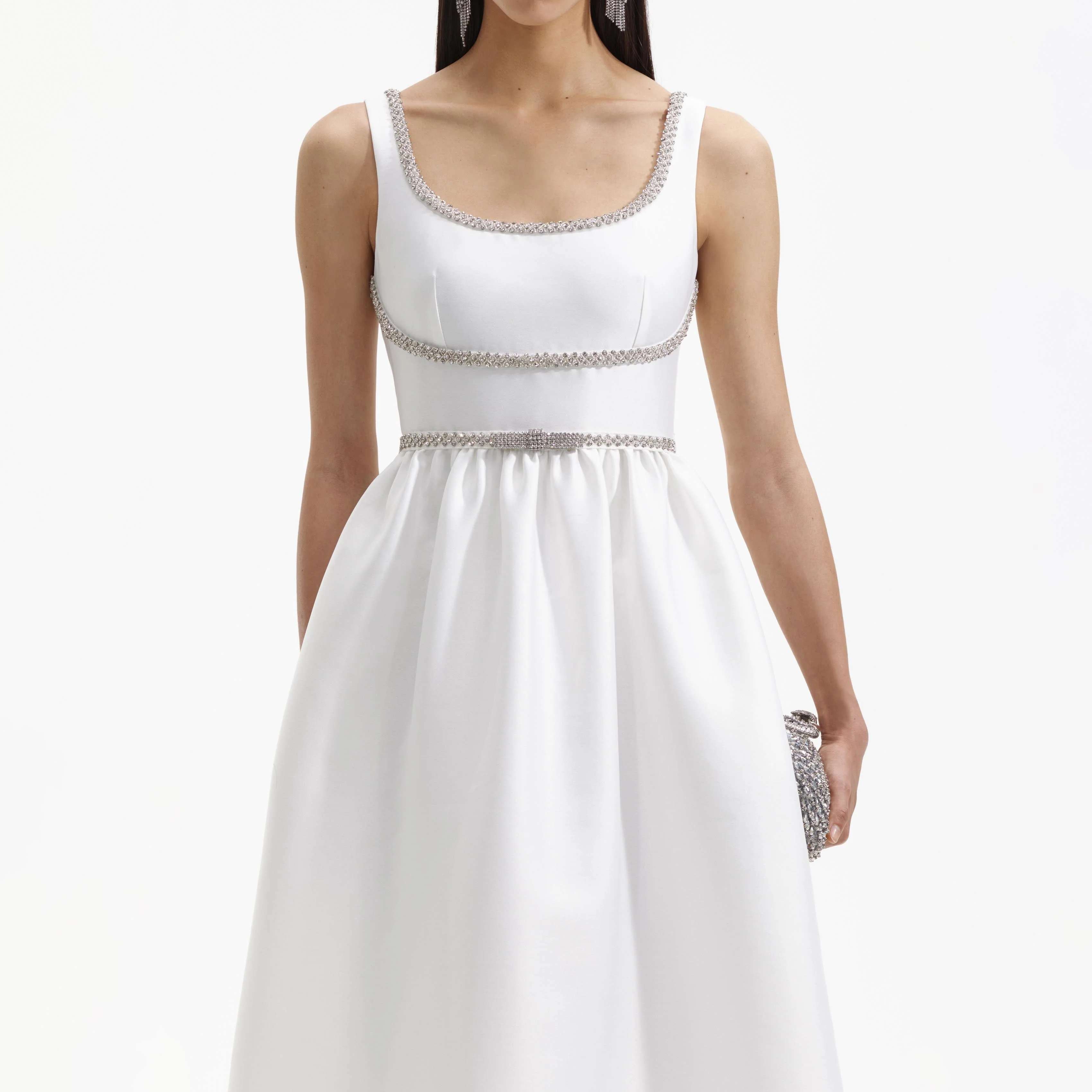 White Taffeta Diamante Bow Midi Dress - Image 4