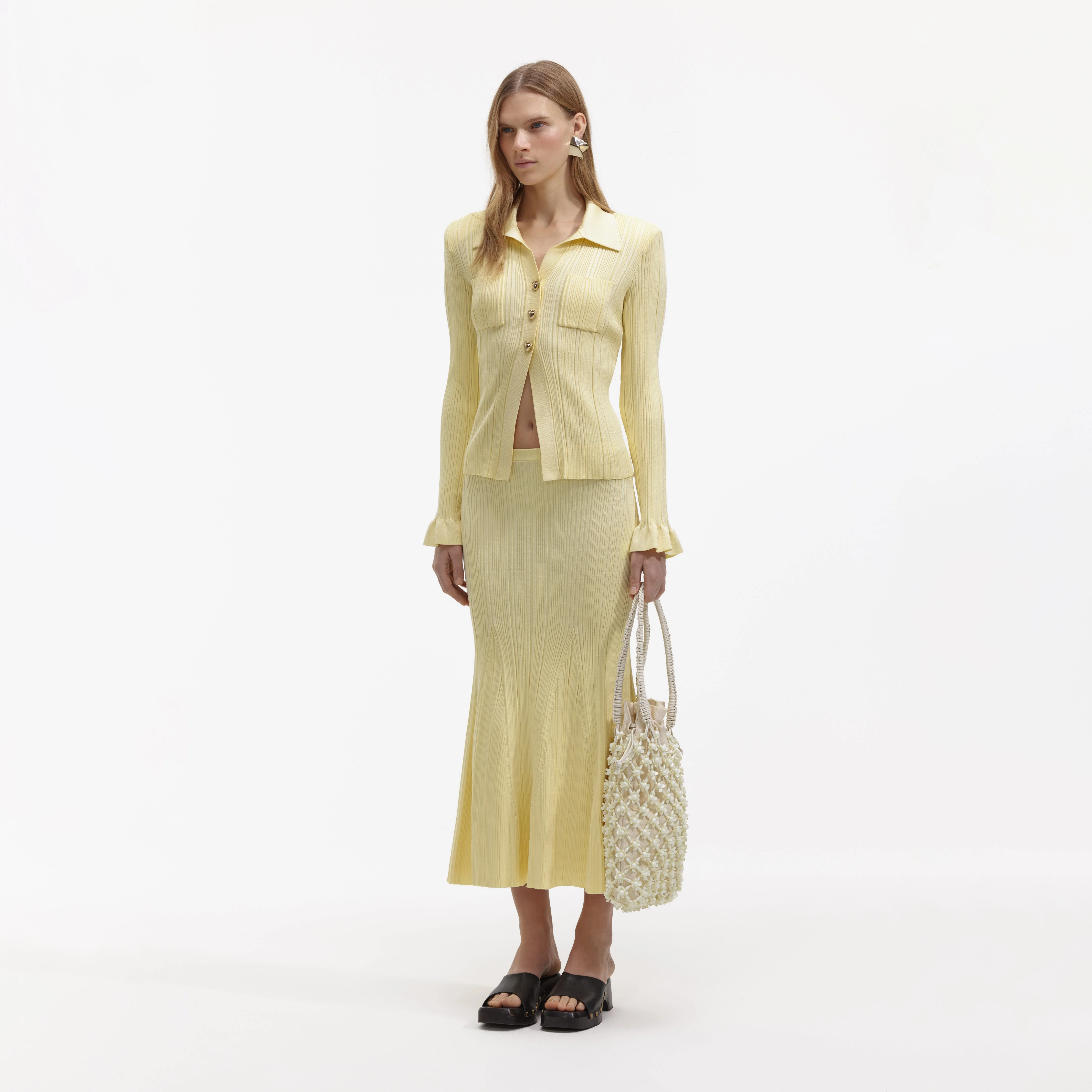 Yellow Ribbed Viscose Knit Skirt - Image 2